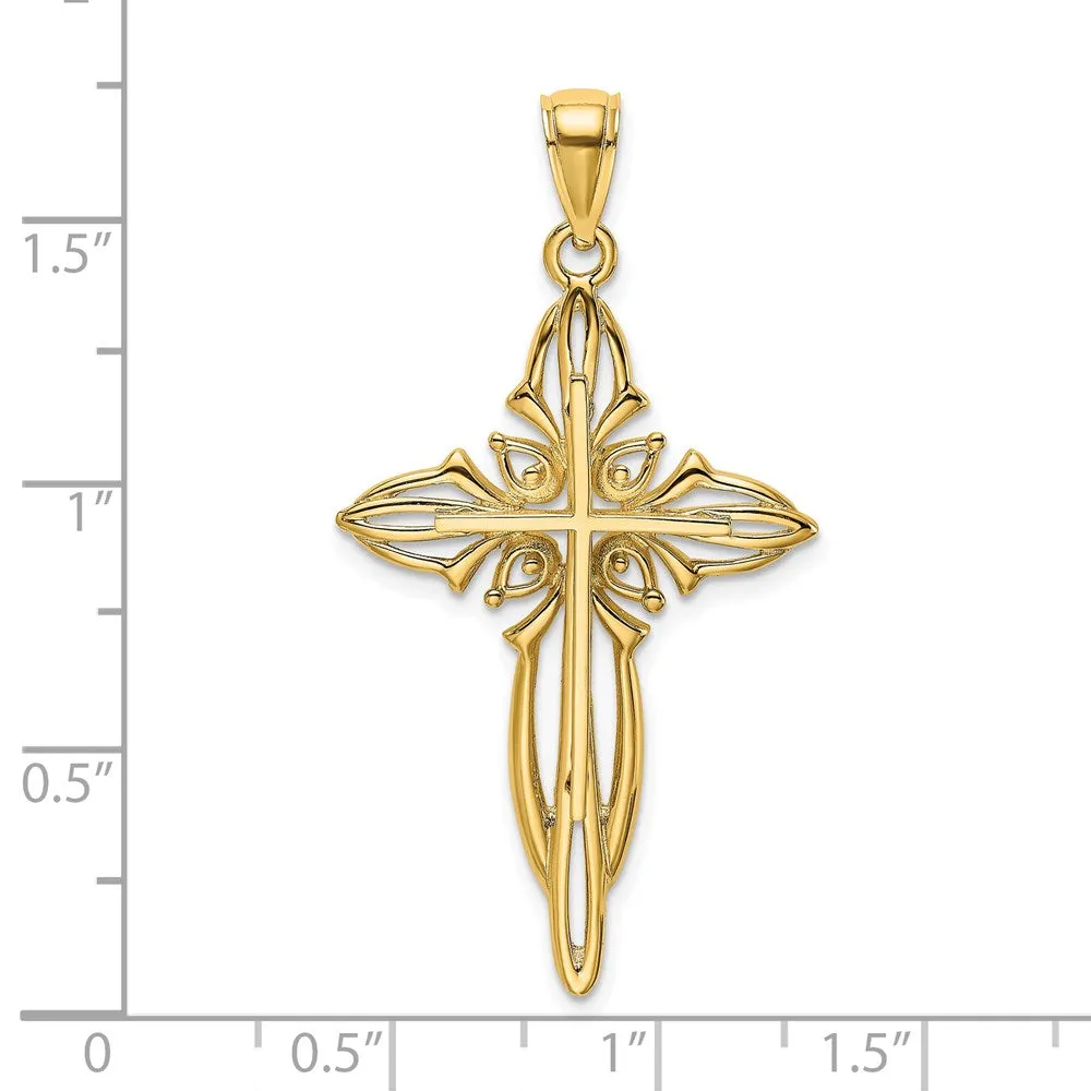 14K Polished and Cut-Out Beaded Cross