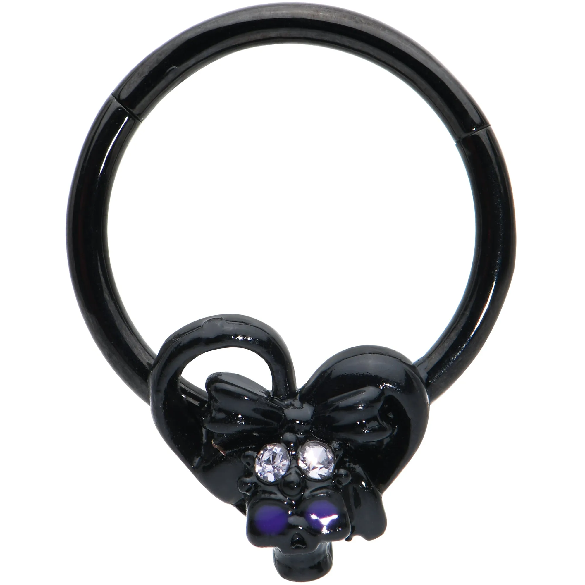 16 Gauge 3/8 Clear Gem Black Heart Skull Bow Hinged Segment Ring