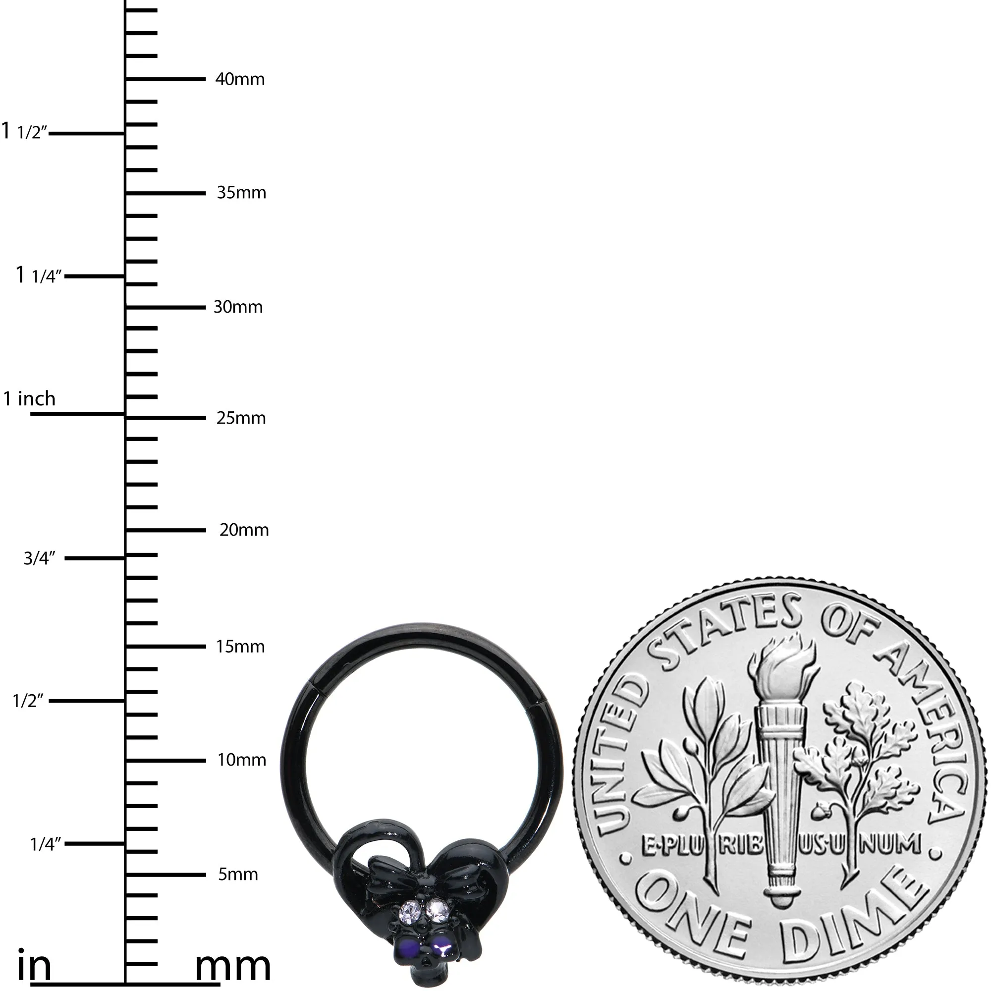 16 Gauge 3/8 Clear Gem Black Heart Skull Bow Hinged Segment Ring