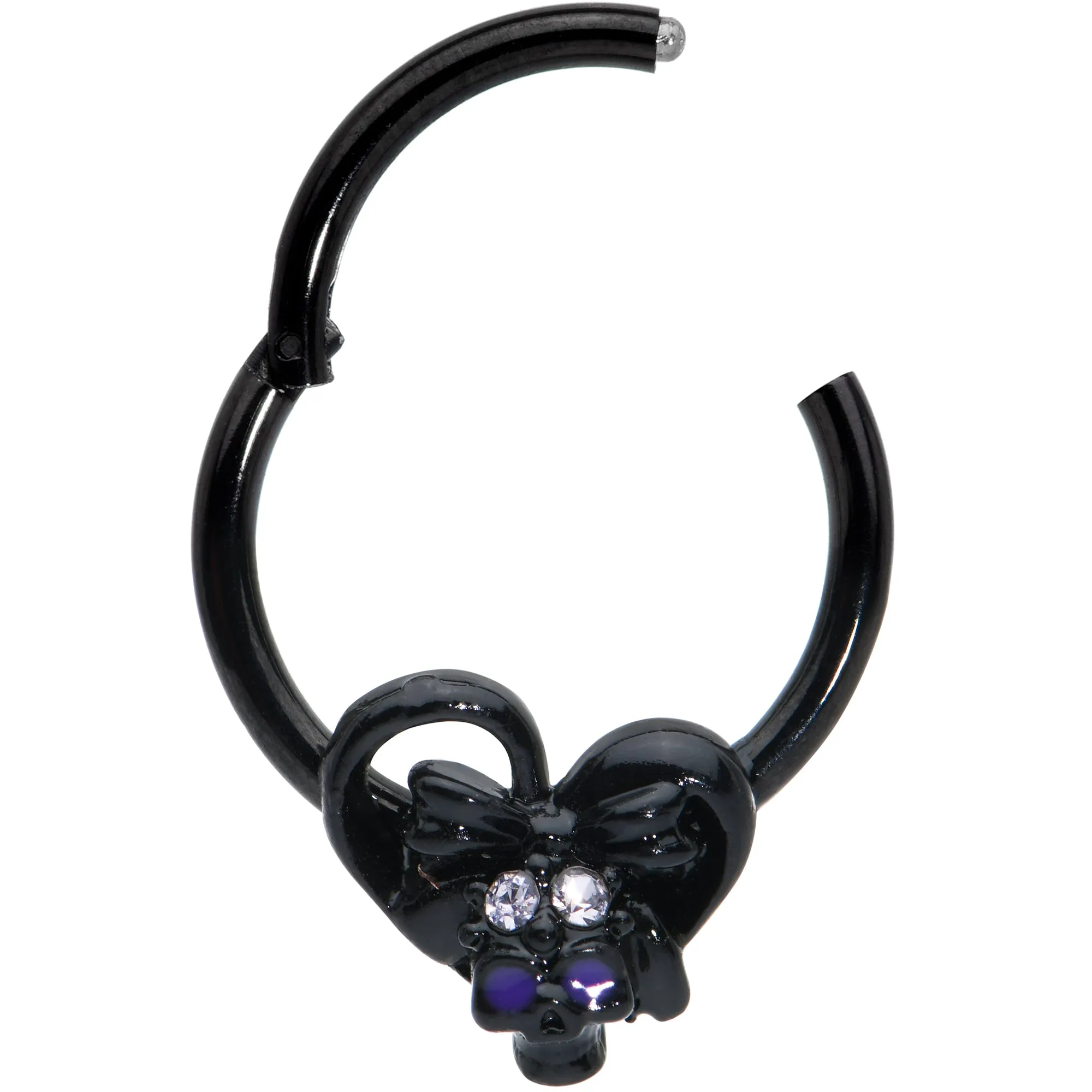 16 Gauge 3/8 Clear Gem Black Heart Skull Bow Hinged Segment Ring