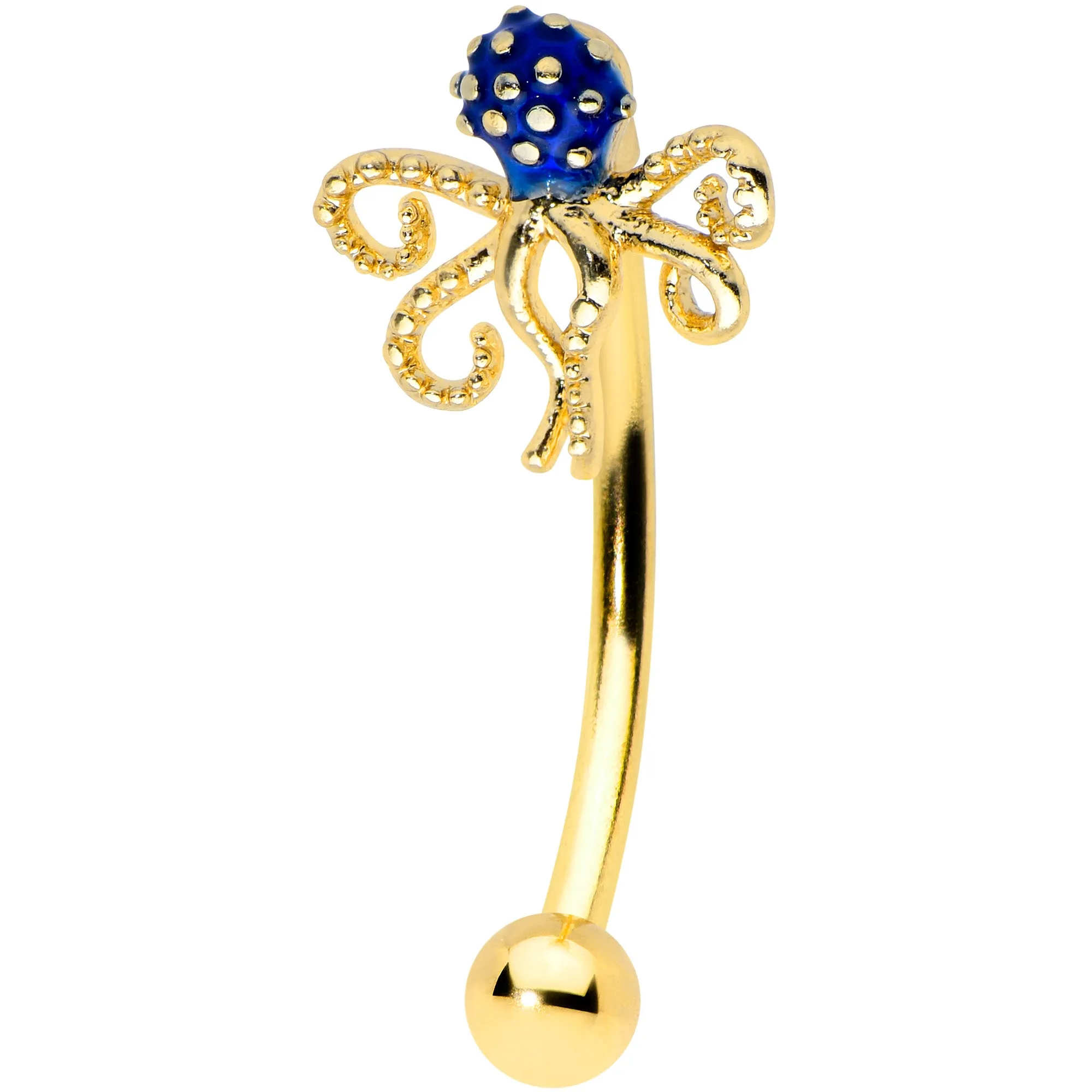 16 Gauge 5/16 Gold Tone Textured Blue Octopus Curved Eyebrow Ring