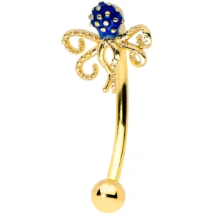 16 Gauge 5/16 Gold Tone Textured Blue Octopus Curved Eyebrow Ring
