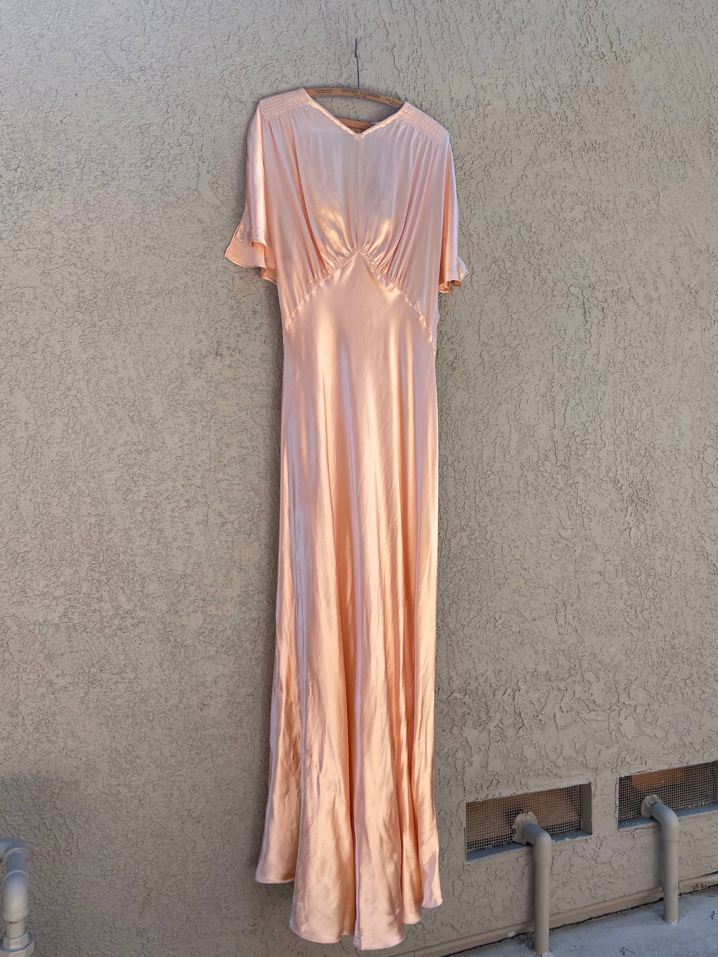 1930s Rayon Satin Bias Cut Peachy Salmon Dress