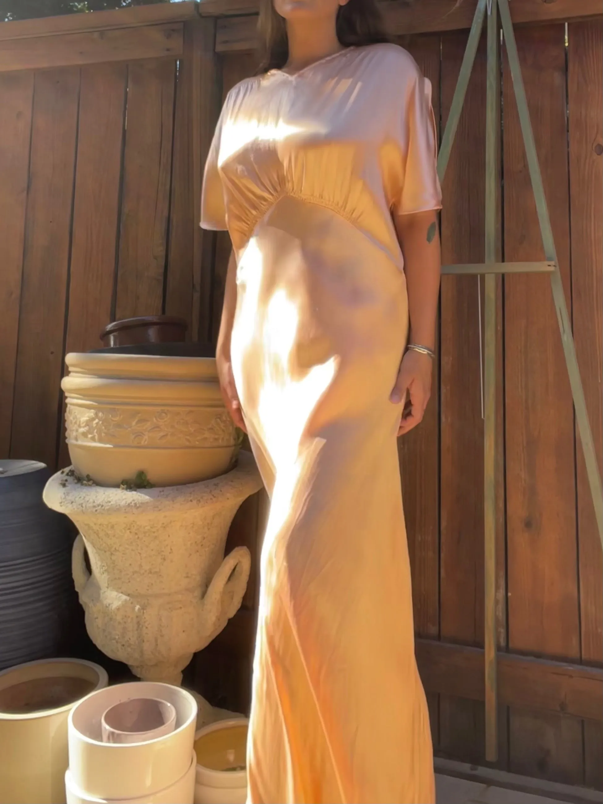 1930s Rayon Satin Bias Cut Peachy Salmon Dress