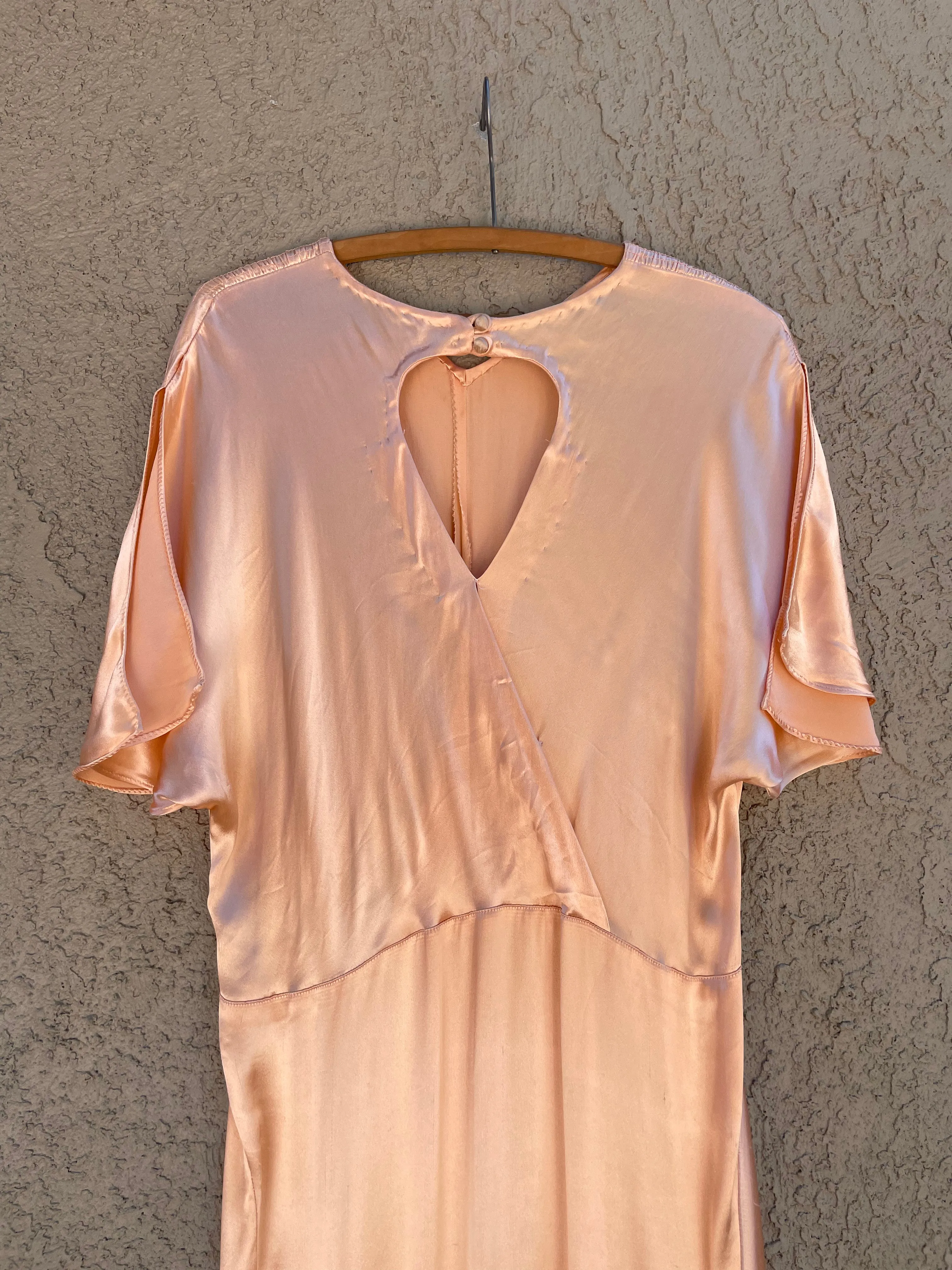 1930s Rayon Satin Bias Cut Peachy Salmon Dress