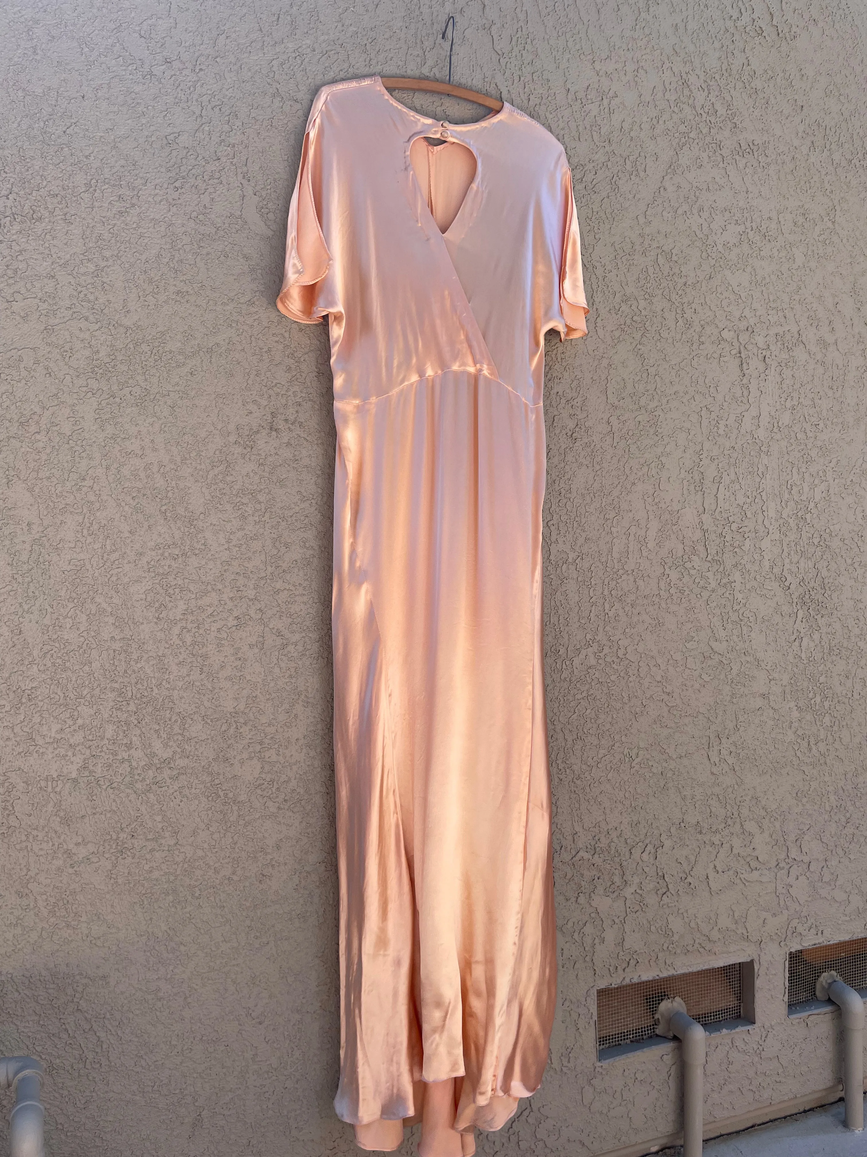 1930s Rayon Satin Bias Cut Peachy Salmon Dress