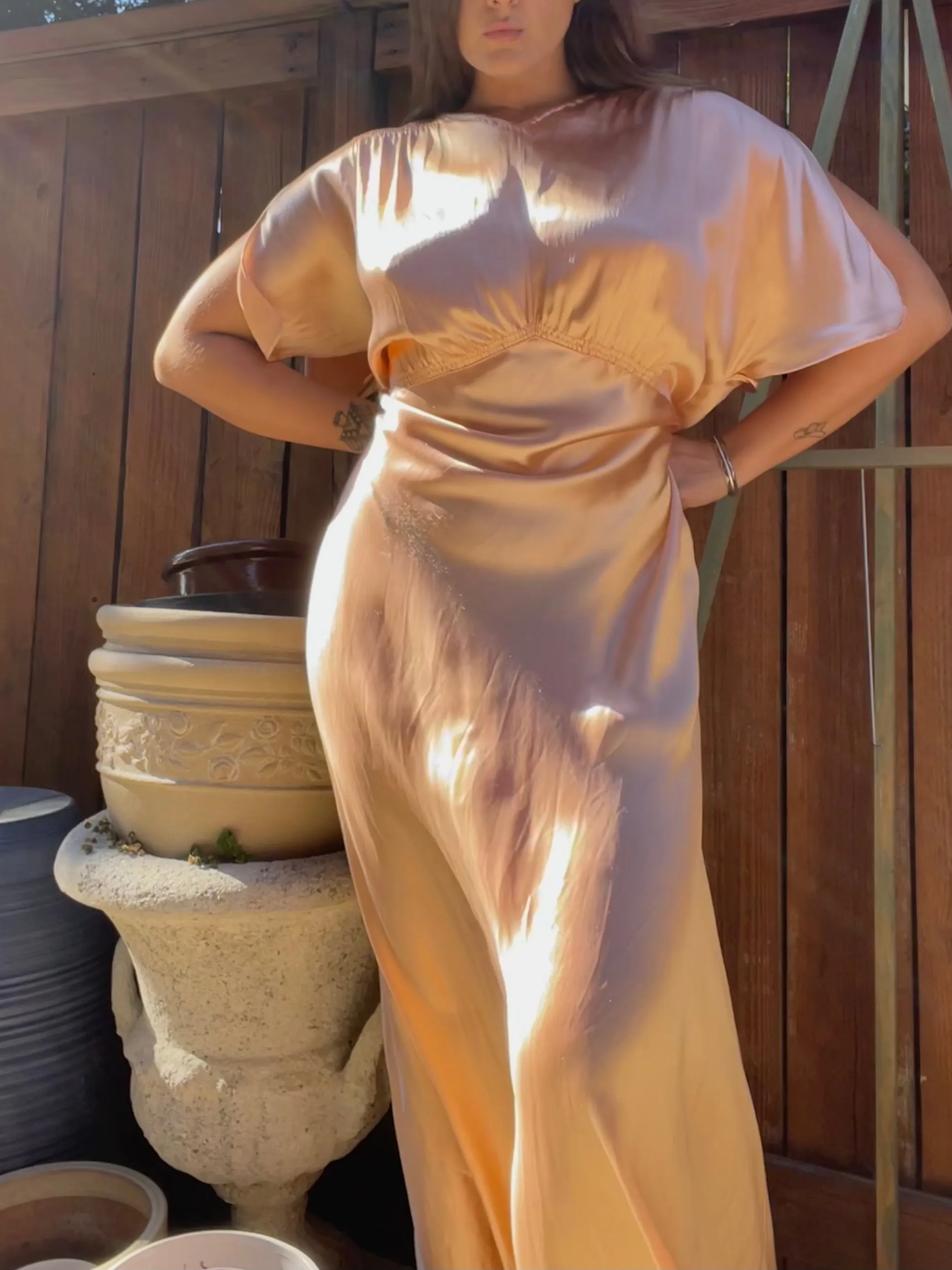 1930s Rayon Satin Bias Cut Peachy Salmon Dress