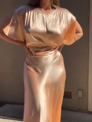 1930s Rayon Satin Bias Cut Peachy Salmon Dress