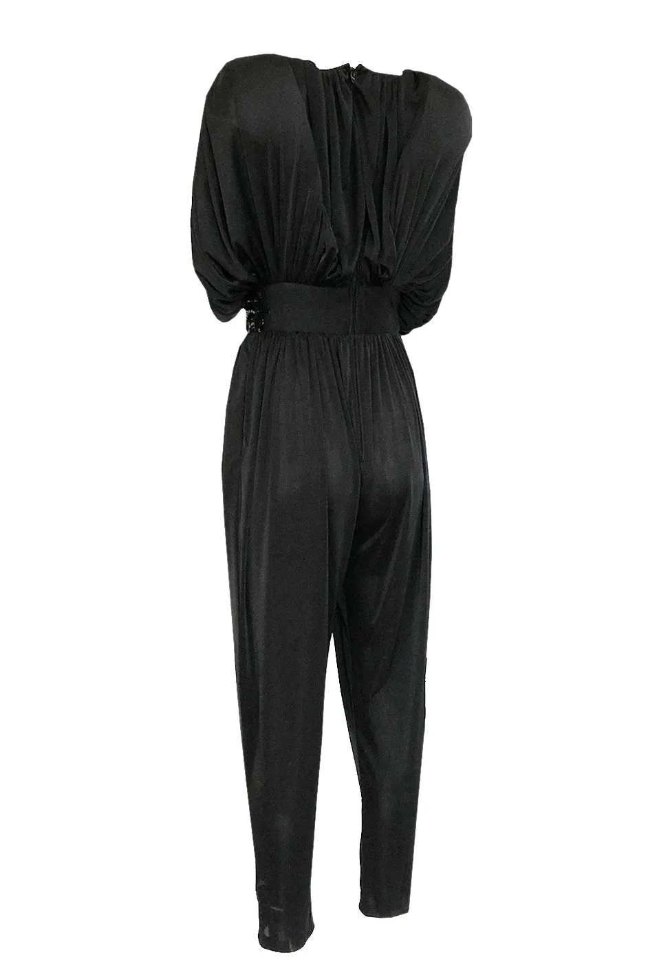 1980s Black Plunge Front Draped Jersey & Sequin Cropped Jumpsuit