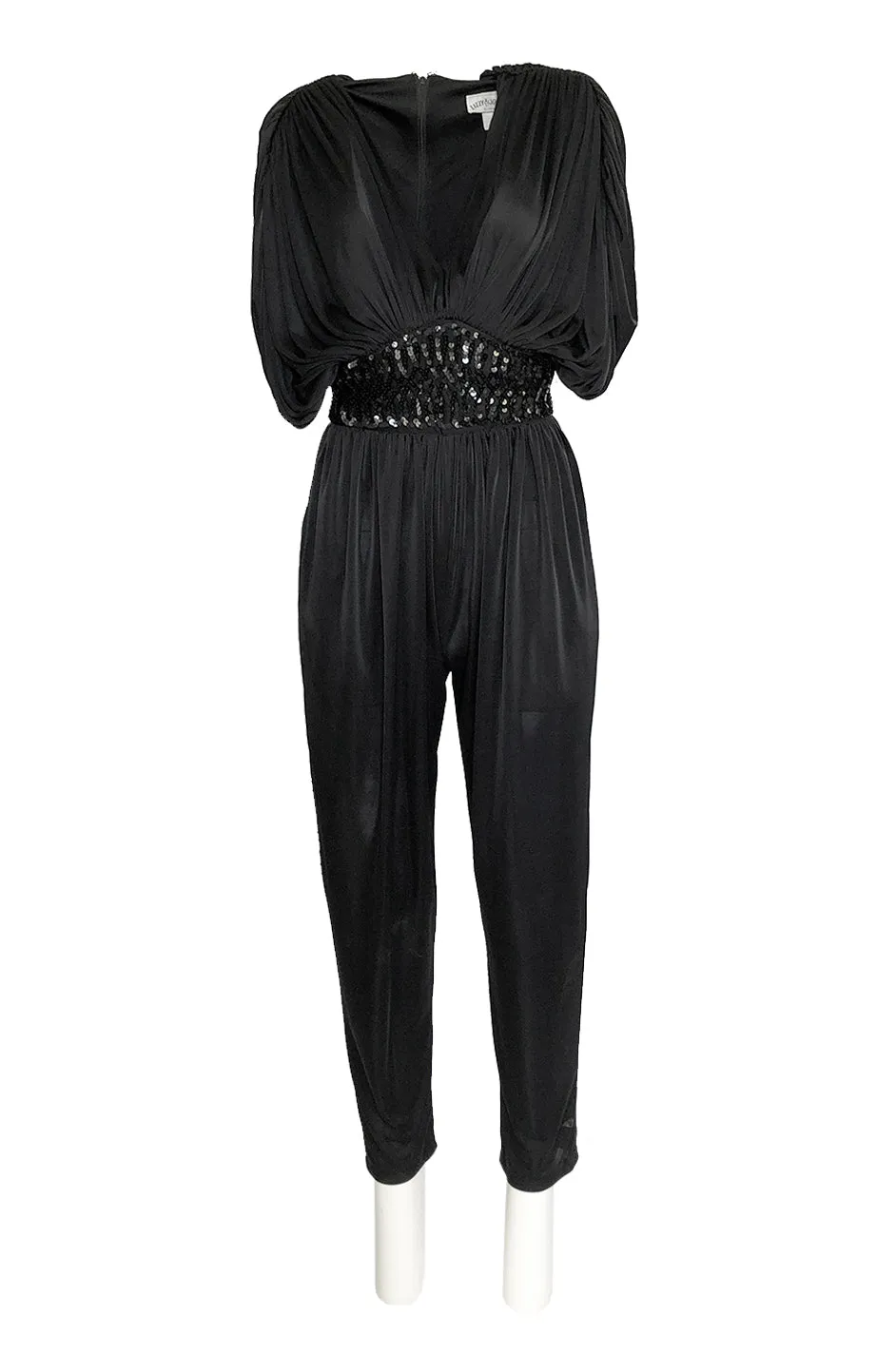1980s Black Plunge Front Draped Jersey & Sequin Cropped Jumpsuit
