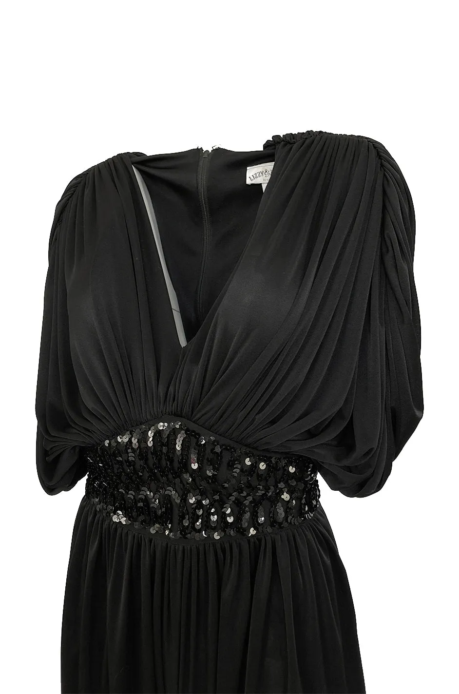 1980s Black Plunge Front Draped Jersey & Sequin Cropped Jumpsuit