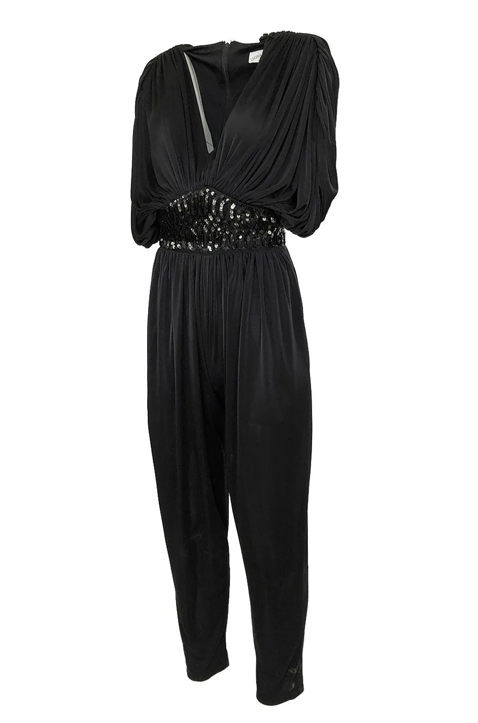 1980s Black Plunge Front Draped Jersey & Sequin Cropped Jumpsuit