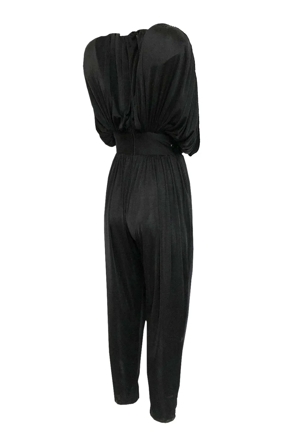 1980s Black Plunge Front Draped Jersey & Sequin Cropped Jumpsuit
