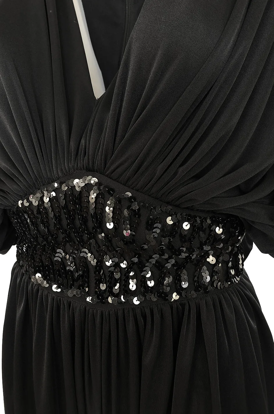 1980s Black Plunge Front Draped Jersey & Sequin Cropped Jumpsuit