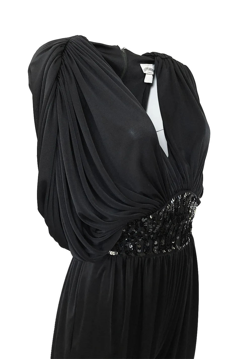 1980s Black Plunge Front Draped Jersey & Sequin Cropped Jumpsuit
