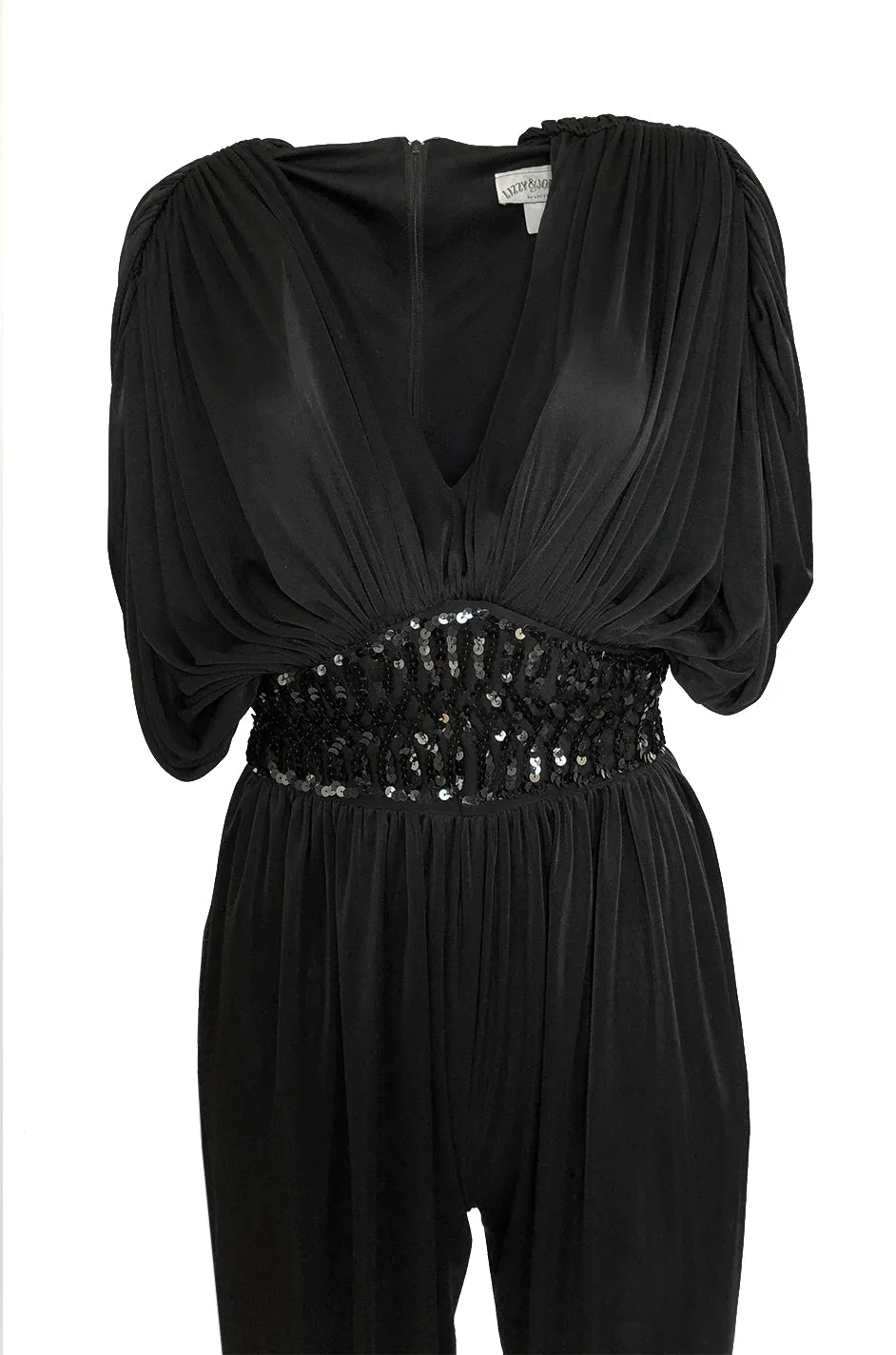 1980s Black Plunge Front Draped Jersey & Sequin Cropped Jumpsuit