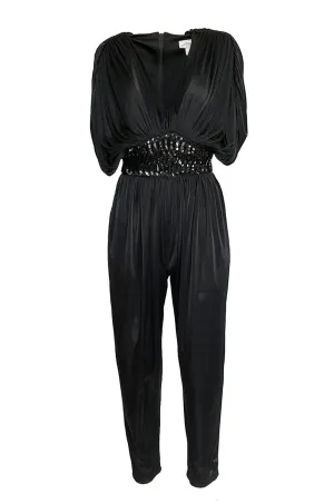 1980s Black Plunge Front Draped Jersey & Sequin Cropped Jumpsuit