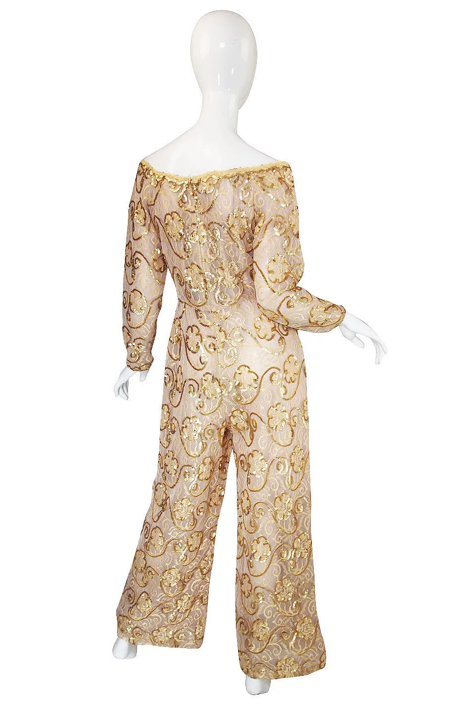 1980s Scaasi Gold Sequin & Net Jumpsuit