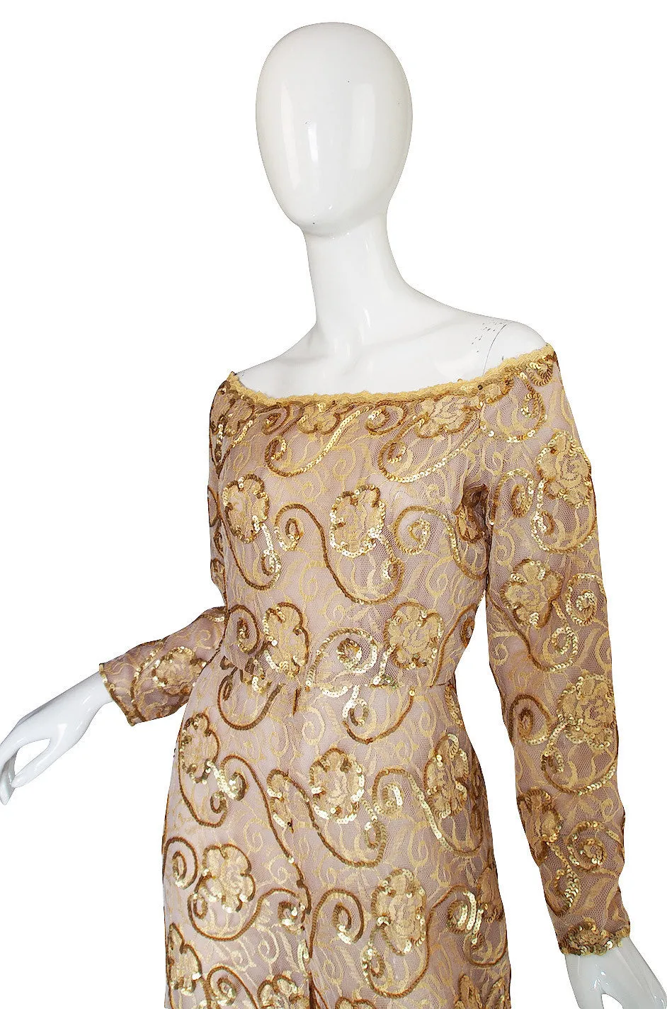 1980s Scaasi Gold Sequin & Net Jumpsuit