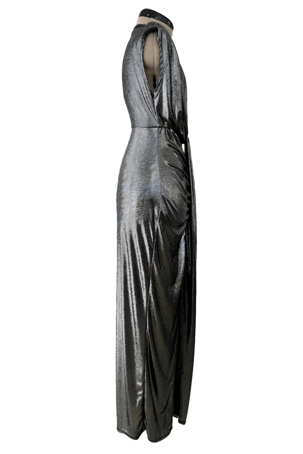 1990s Gianni Versace Plunge Front Heavily Gathered Silver Lame Dress