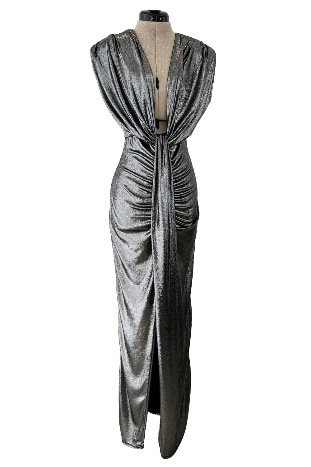 1990s Gianni Versace Plunge Front Heavily Gathered Silver Lame Dress