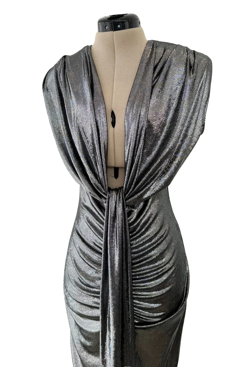 1990s Gianni Versace Plunge Front Heavily Gathered Silver Lame Dress