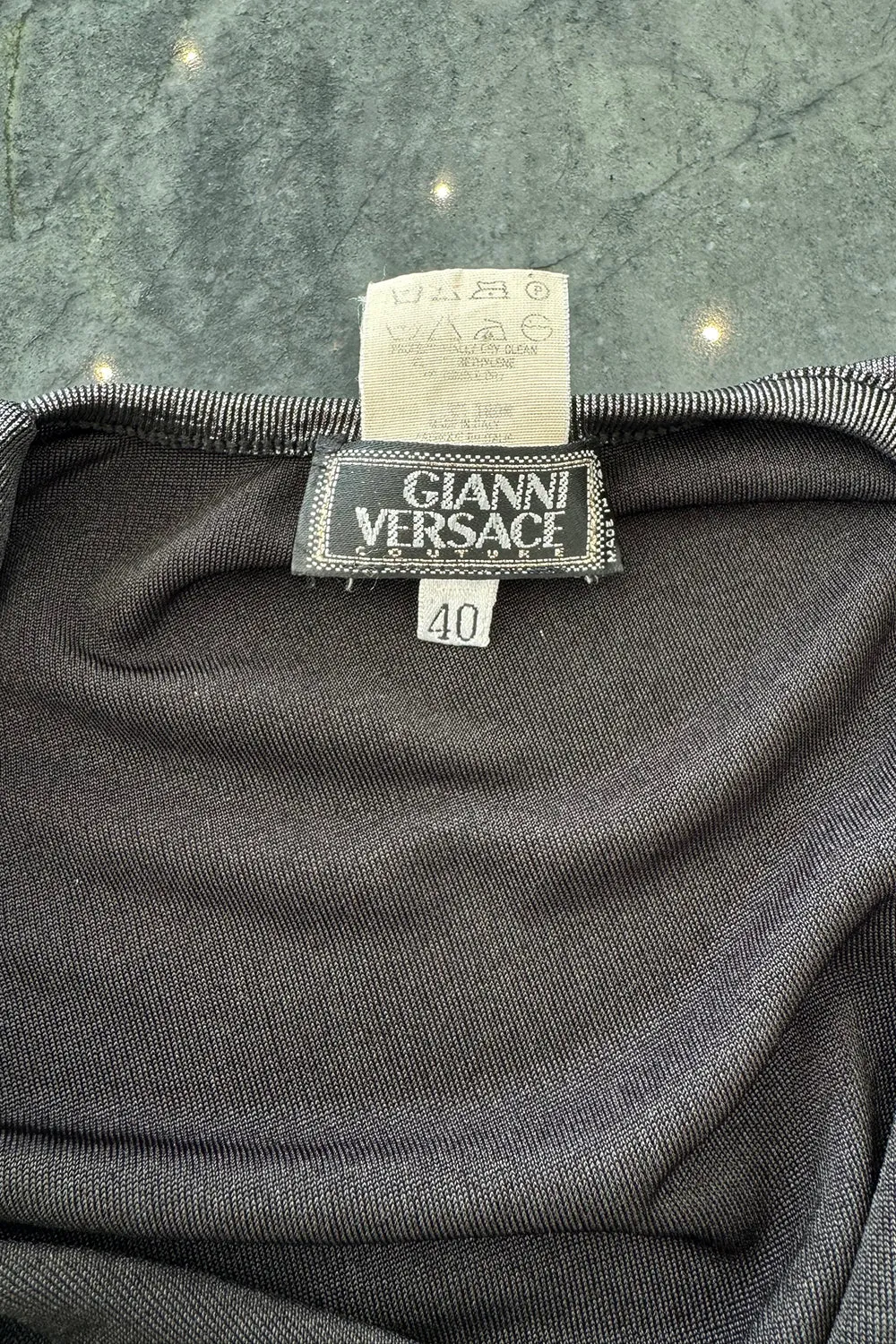 1990s Gianni Versace Plunge Front Heavily Gathered Silver Lame Dress