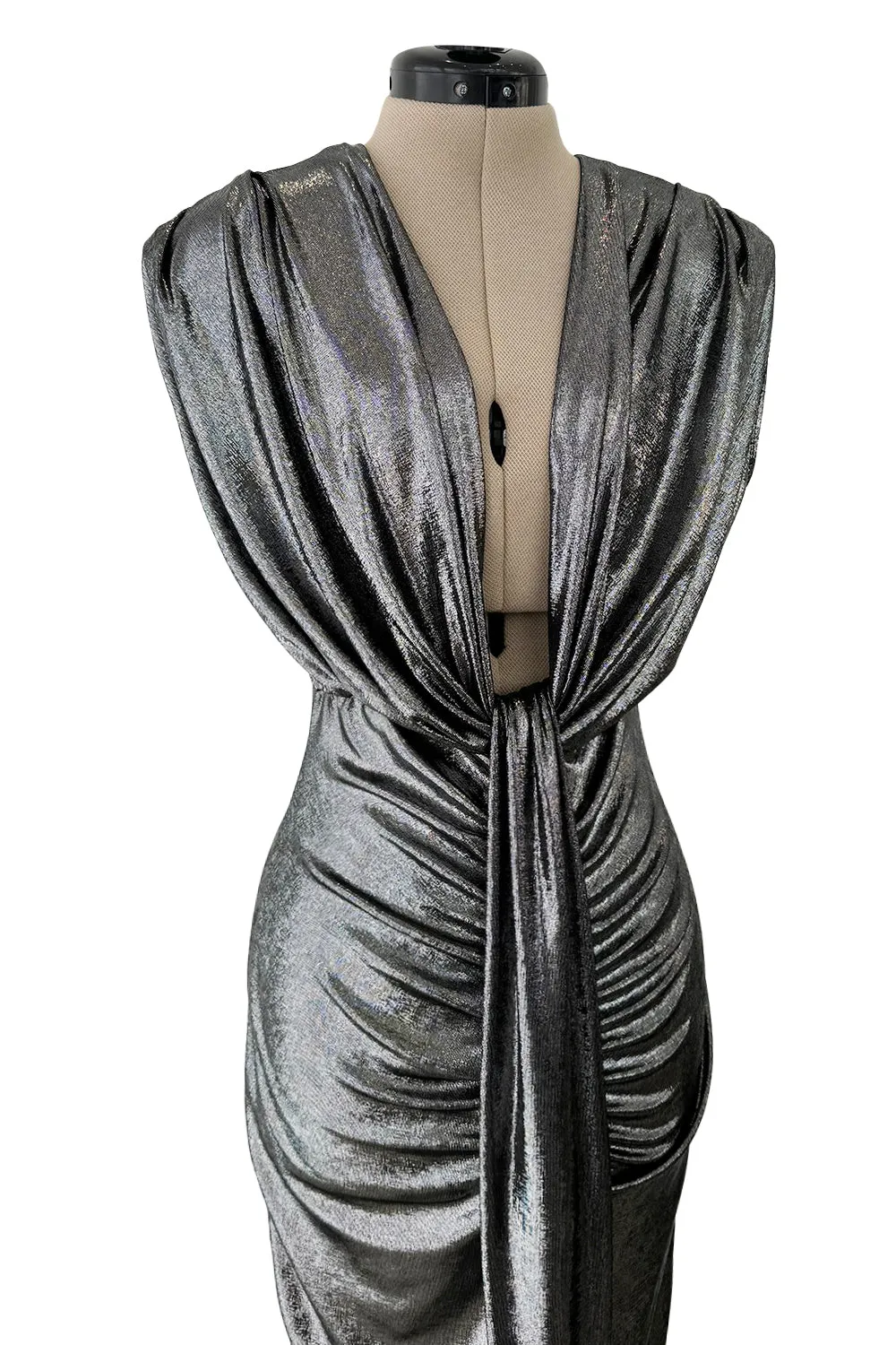 1990s Gianni Versace Plunge Front Heavily Gathered Silver Lame Dress