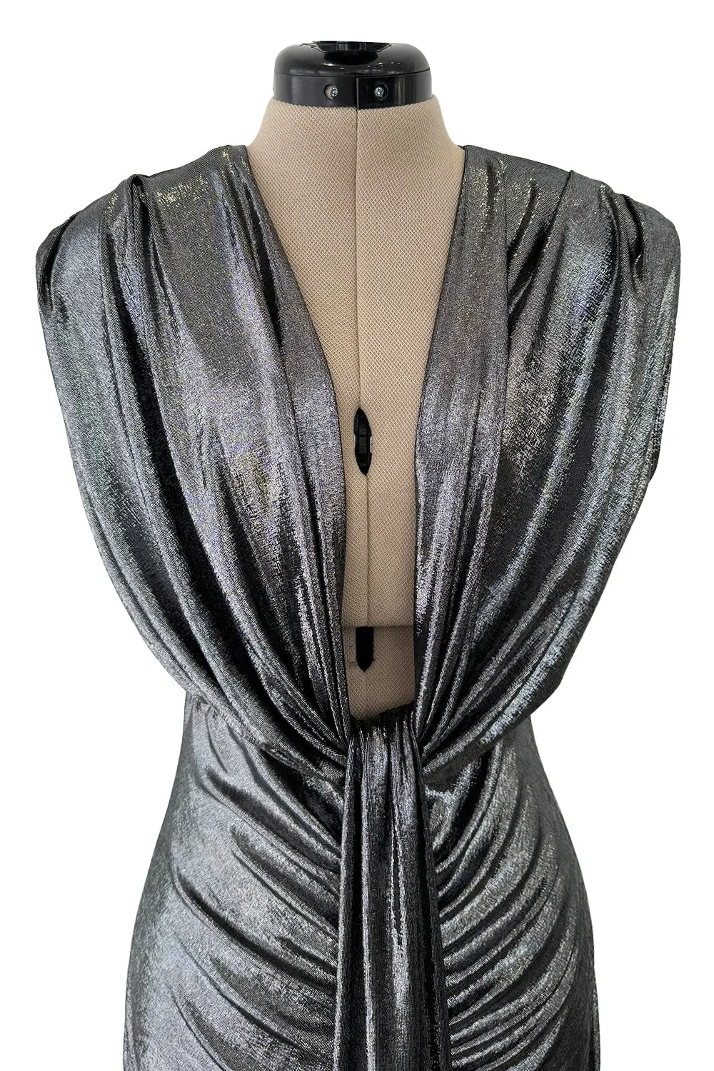 1990s Gianni Versace Plunge Front Heavily Gathered Silver Lame Dress