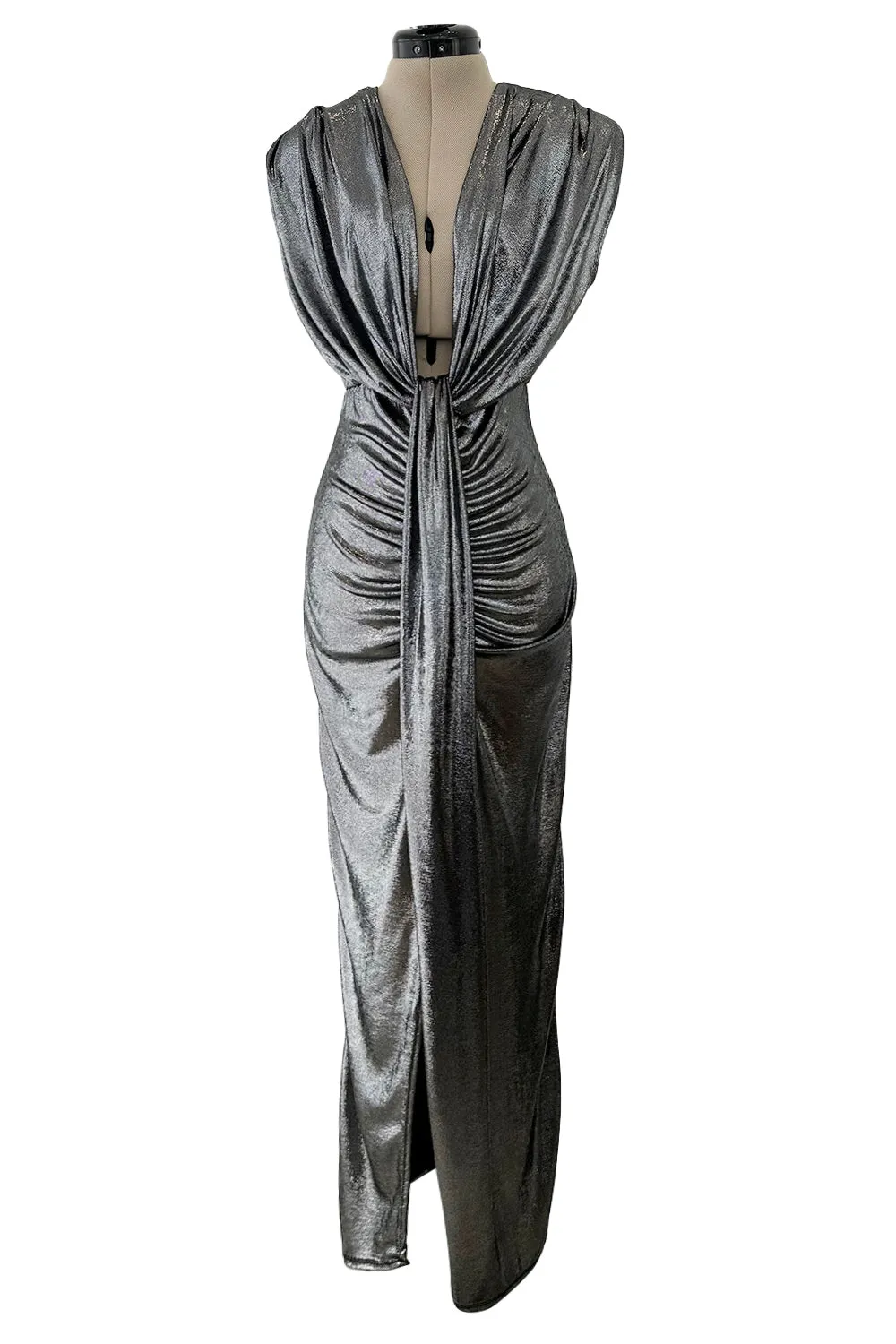 1990s Gianni Versace Plunge Front Heavily Gathered Silver Lame Dress