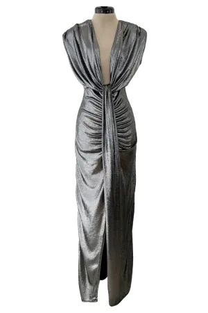 1990s Gianni Versace Plunge Front Heavily Gathered Silver Lame Dress
