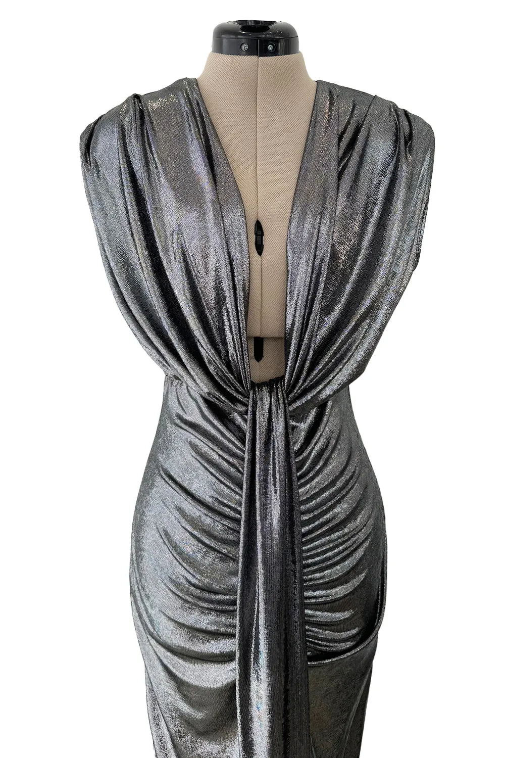 1990s Gianni Versace Plunge Front Heavily Gathered Silver Lame Dress