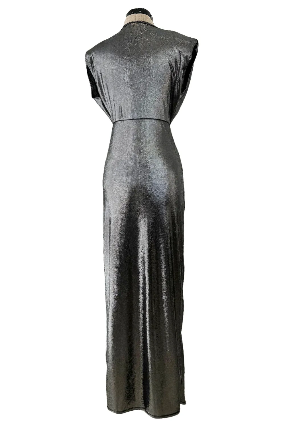 1990s Gianni Versace Plunge Front Heavily Gathered Silver Lame Dress