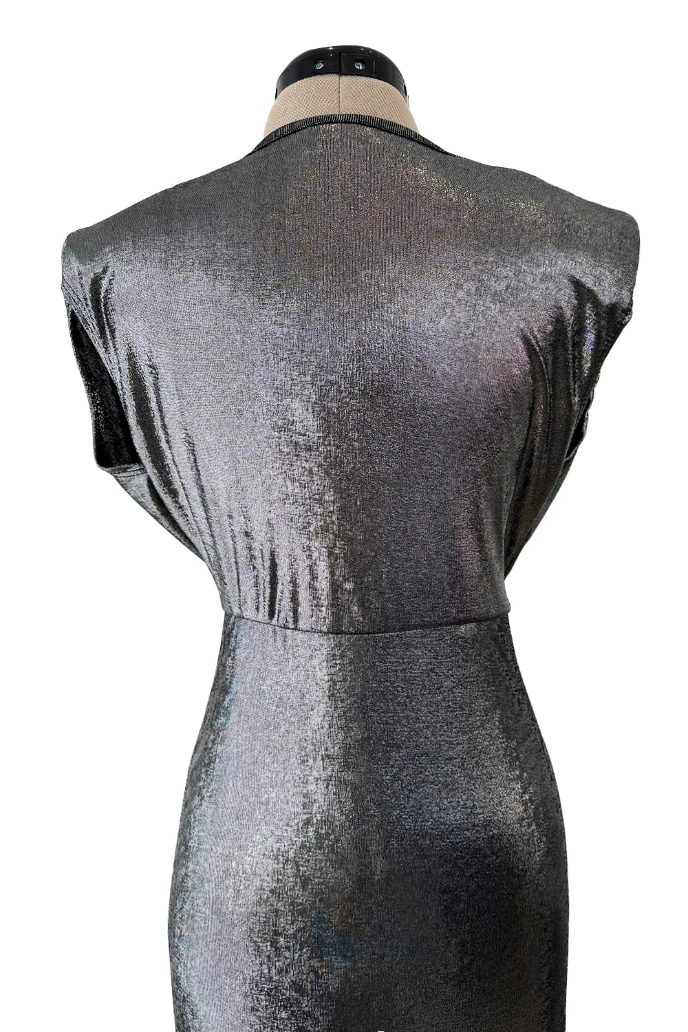 1990s Gianni Versace Plunge Front Heavily Gathered Silver Lame Dress