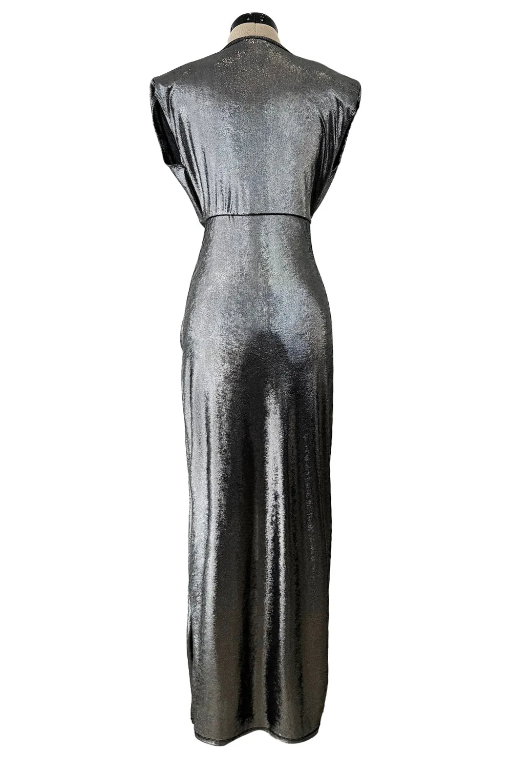 1990s Gianni Versace Plunge Front Heavily Gathered Silver Lame Dress