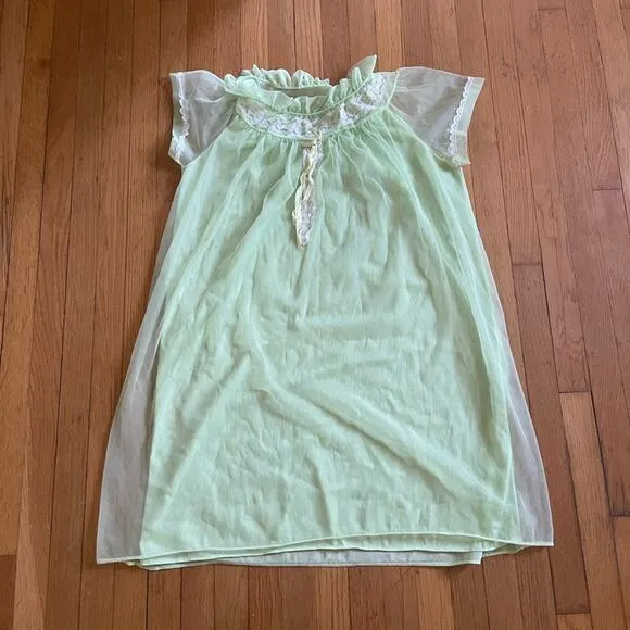 60s Vintage Mint Green Nylon Babydoll w Capped Sleeves