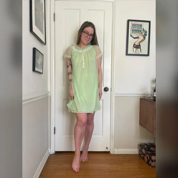 60s Vintage Mint Green Nylon Babydoll w Capped Sleeves