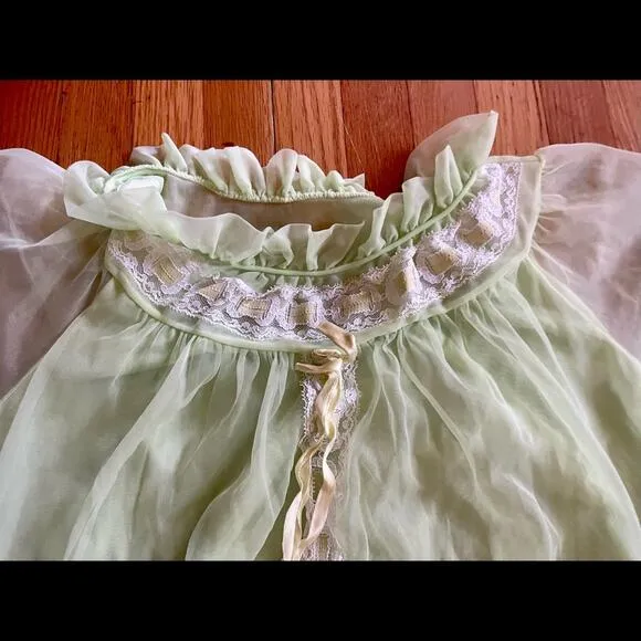 60s Vintage Mint Green Nylon Babydoll w Capped Sleeves