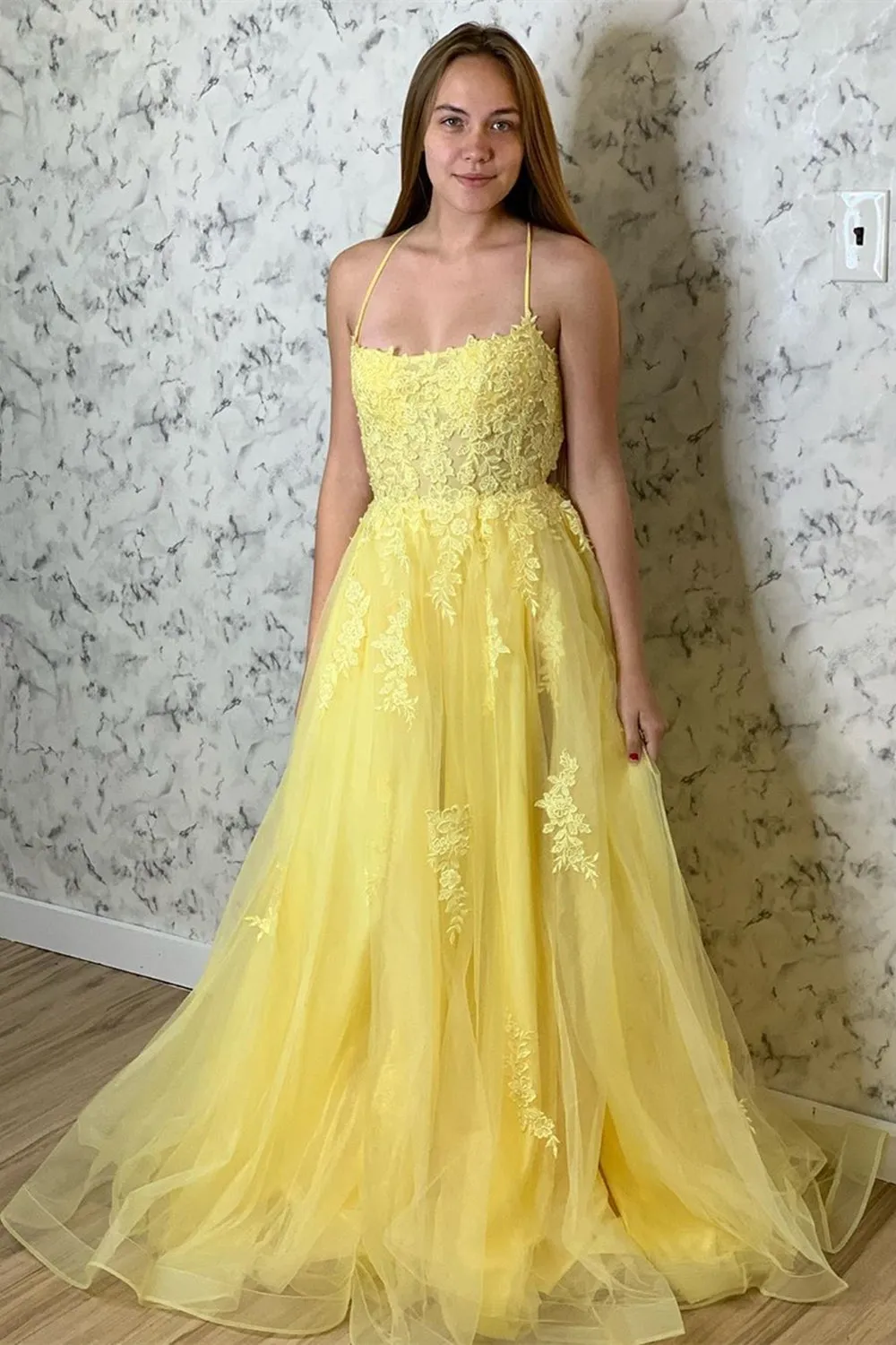 A Line Backless Yellow Lace Floral Long Prom Dress with High Slit, Open Back Yellow Lace Formal Dress, Yellow Lace Evening Dress