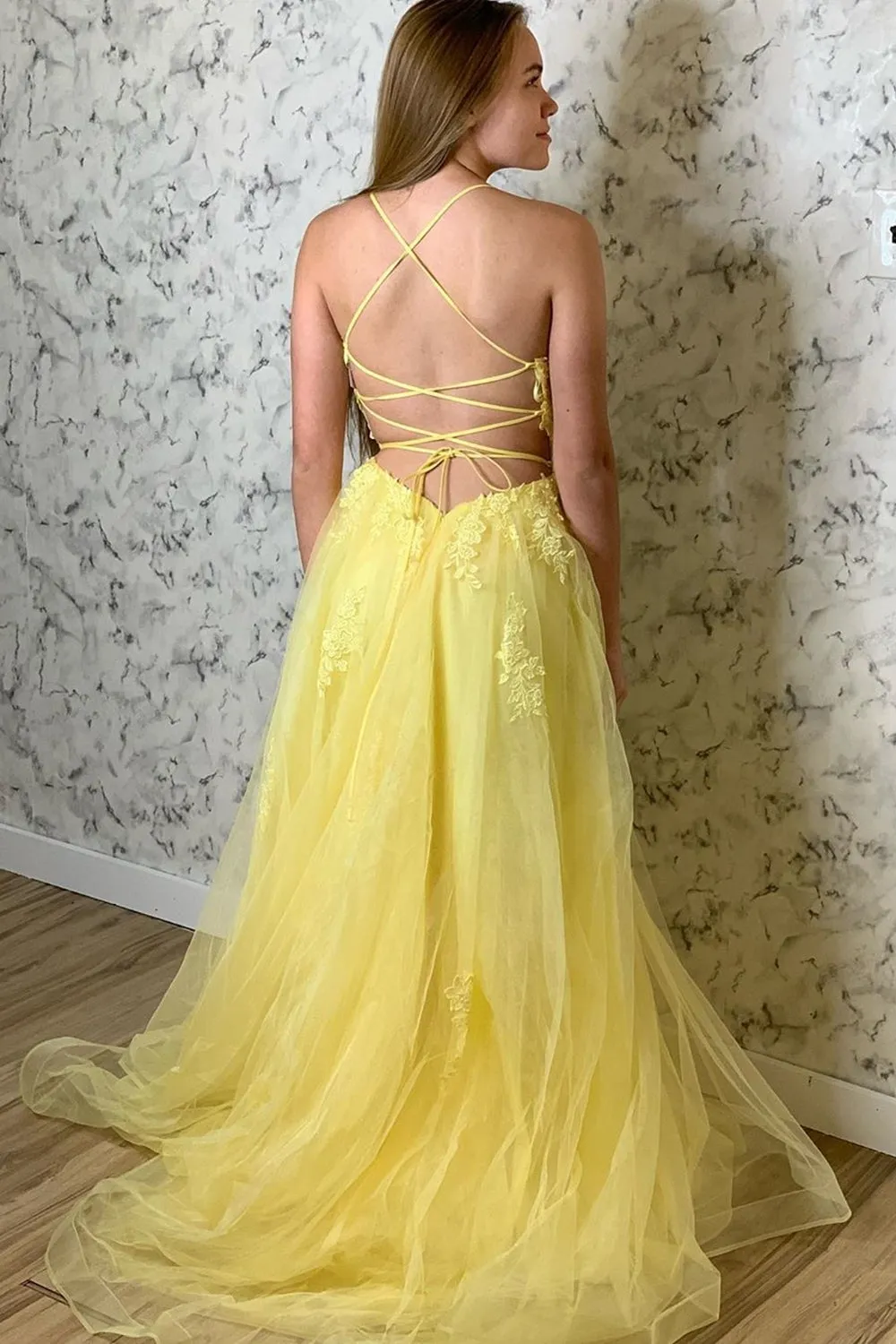 A Line Backless Yellow Lace Floral Long Prom Dress with High Slit, Open Back Yellow Lace Formal Dress, Yellow Lace Evening Dress
