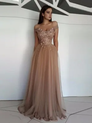 A Line Off Shoulder Tulle Lace Champagne Long Prom Dresses, Off Shoulder Champagne Formal Dresses, Lace Graduation Dresses