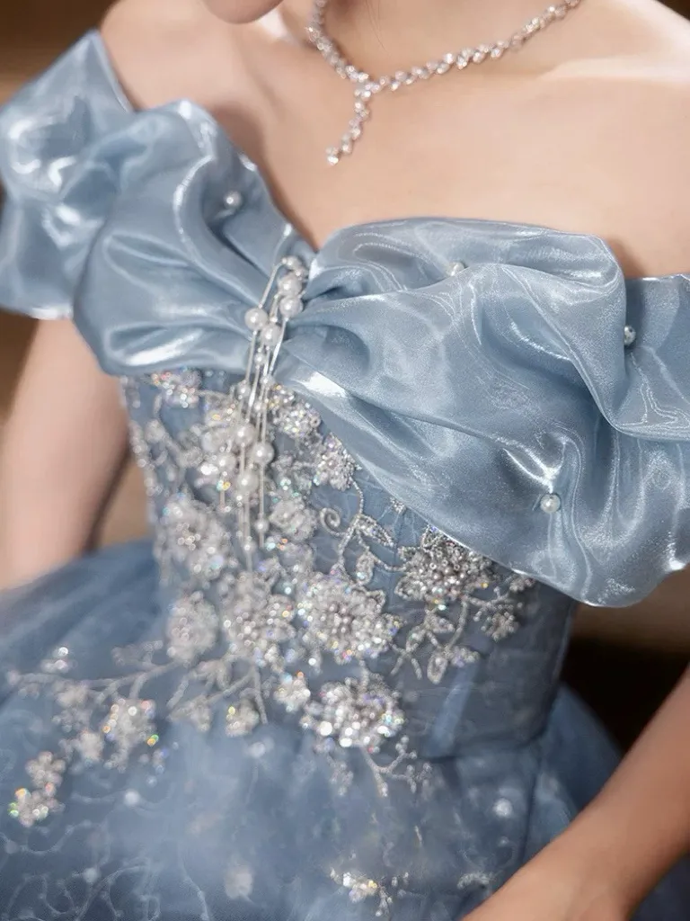 A-Line Sweetheart Neck Tulle Lace Dark Blue Long Prom Dress, Dark Blue Long Formal Dress