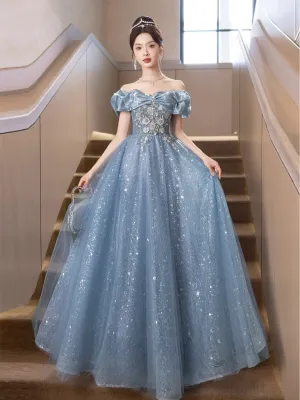 A-Line Sweetheart Neck Tulle Lace Dark Blue Long Prom Dress, Dark Blue Long Formal Dress
