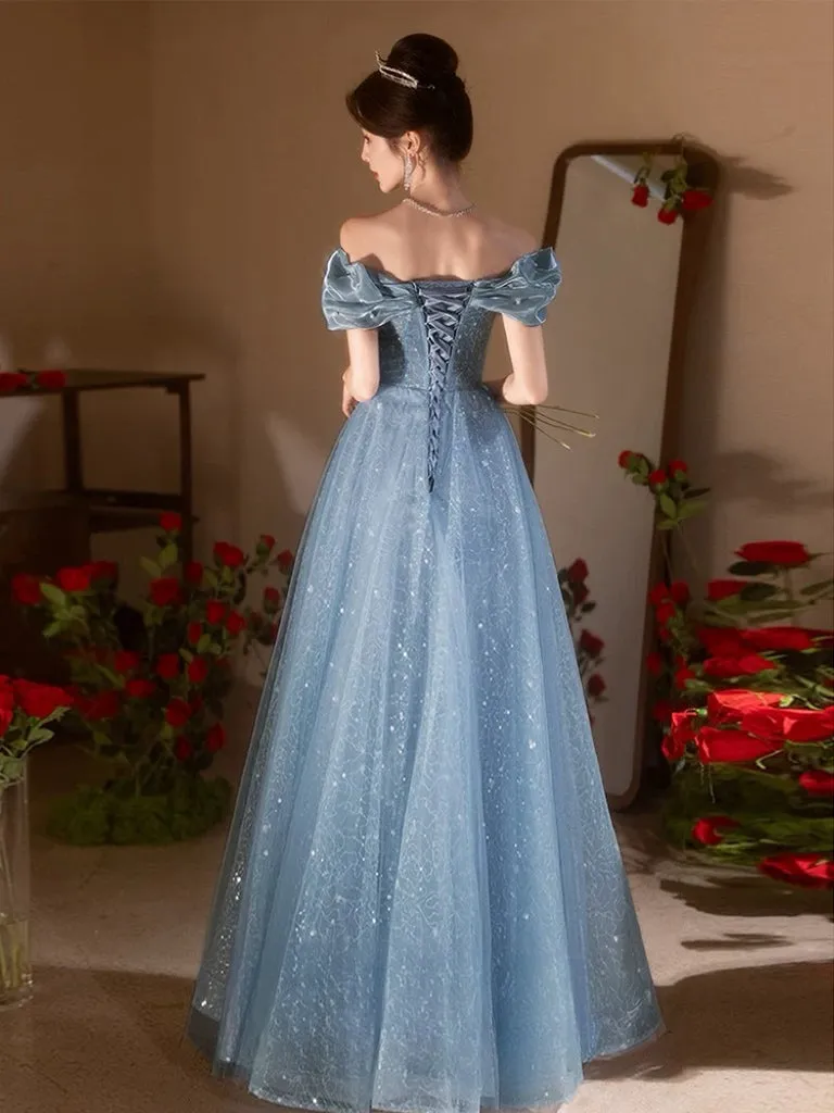 A-Line Sweetheart Neck Tulle Lace Dark Blue Long Prom Dress, Dark Blue Long Formal Dress