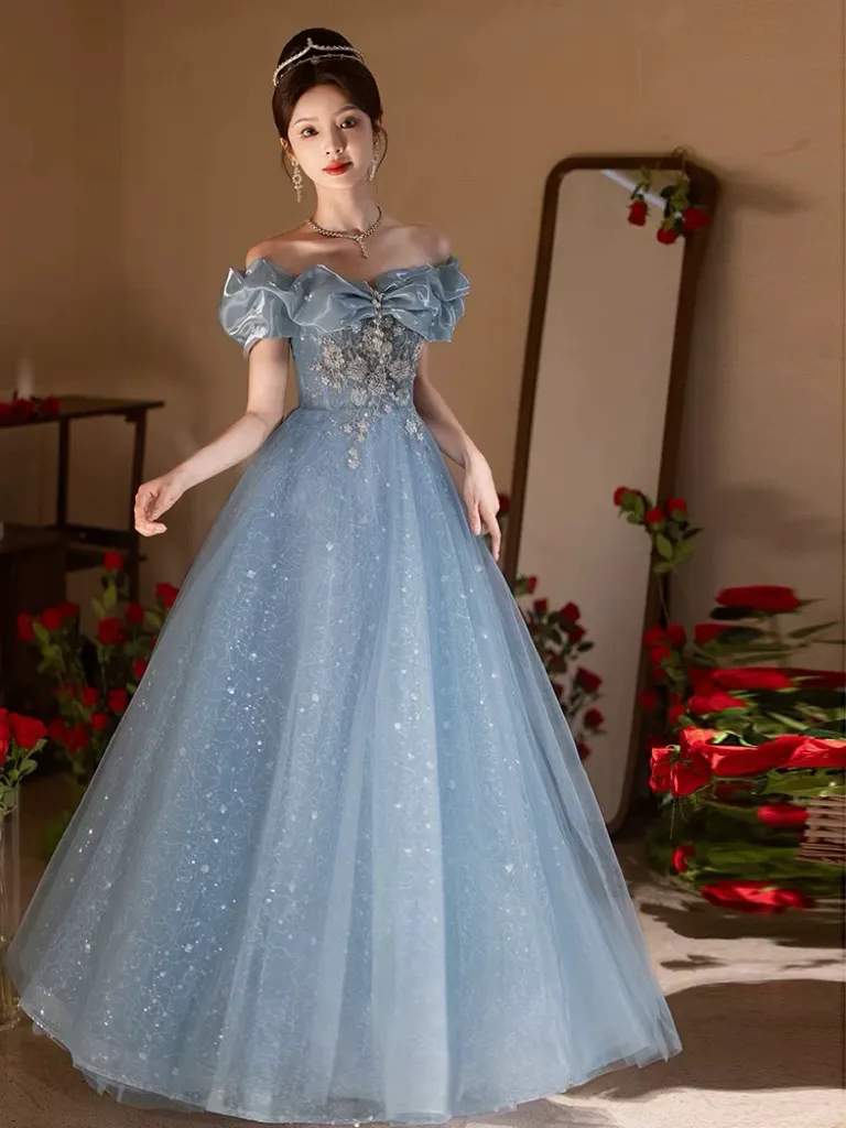 A-Line Sweetheart Neck Tulle Lace Dark Blue Long Prom Dress, Dark Blue Long Formal Dress