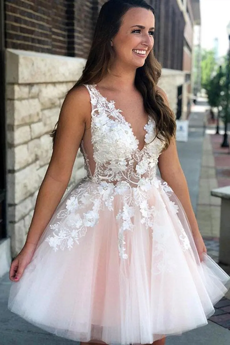 A Line V Neck Short Pink Lace Floral Prom Dress, Short Pink Lace Formal Graduation Homecoming Dress