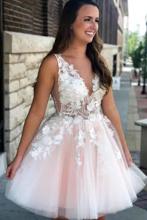 A Line V Neck Short Pink Lace Floral Prom Dress, Short Pink Lace Formal Graduation Homecoming Dress