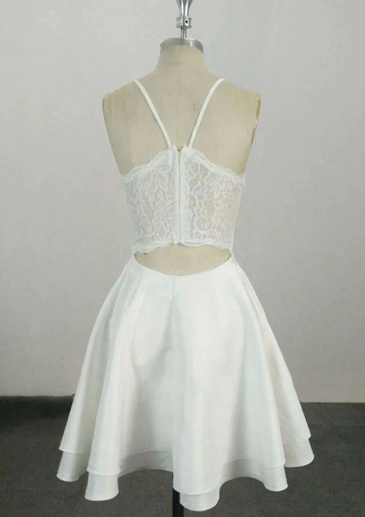 A-line V Neck Sleeveless Ivory Satin Short Mini Homecoming Dress, Lace