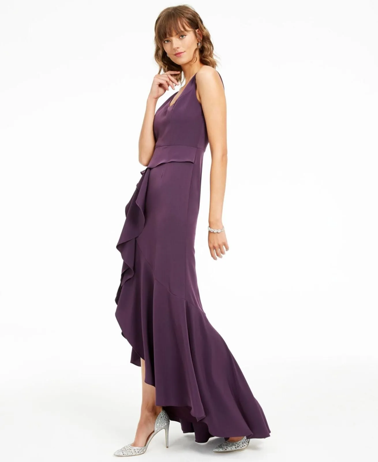 Adrianna Papell Womens Crepe Cascade Gown Maxi Dress AP1E207217 Purple 16