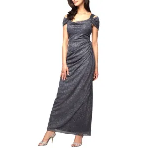 Alex Evenings Gray Off The Shoulder Glitter Mesh Draped Cocktail Gown Dress 12